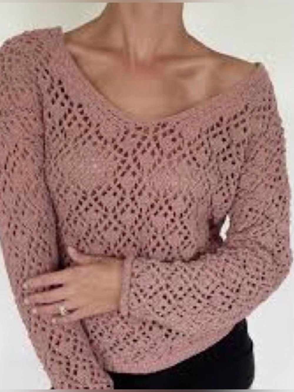 Nicole Miller Open-Knit Rose V-Neck Sweater